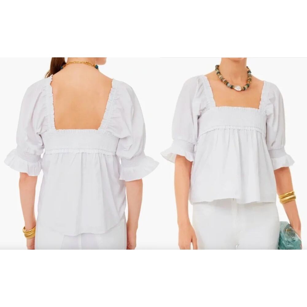 Tuckernuck | Hyacinth House | Palmer Square Neck Smocked Top in White | Sz S